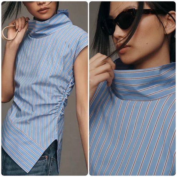 NWT Anthropologie Maeve Mock-Neck Asymmetric Striped Muscle Top Blue Sz M - Picture 6 of 11